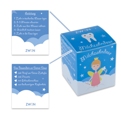 Milchzahndose aus Holz mit Schraubverschluss & Pinzette | Farbige Milchzahnbox [Blau] und das E-Book "Der große Milchzahnratgeber"