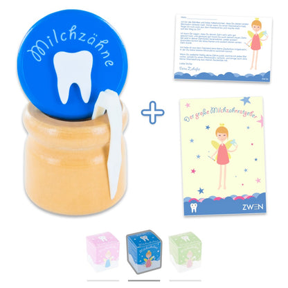 Milchzahndose aus Holz mit Schraubverschluss & Pinzette | Farbige Milchzahnbox [Blau] und das E-Book "Der große Milchzahnratgeber"