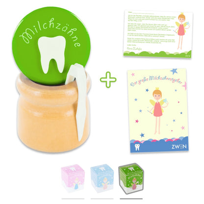 Milchzahndose aus Holz mit Schraubverschluss & Pinzette | Farbige Milchzahnbox [Grün] und das E-Book "Der große Milchzahnratgeber"
