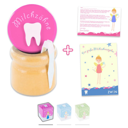 Milchzahndose aus Holz mit Schraubverschluss & Pinzette | Farbige Milchzahnbox [Pink] und das E-Book "Der große Milchzahnratgeber"