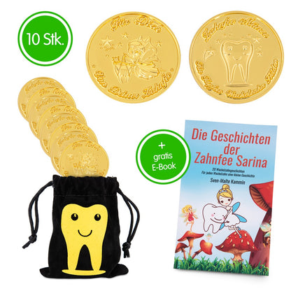 Zahnfee Münzen Gold (10 Stück) – Perfekte Zahnfee Geschenke für Mädchen & Jungen und das tolle E-Book - "Die Geschichten der Zahnfee Sarina"