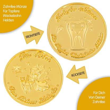 Zahnfee Münzen Gold (10 Stück) – Perfekte Zahnfee Geschenke für Mädchen & Jungen und das tolle E-Book - "Die Geschichten der Zahnfee Sarina"